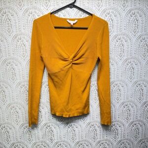 No Boundaries Twist Front Sweater Women Large Yellow Ribbed Knit V-Neck